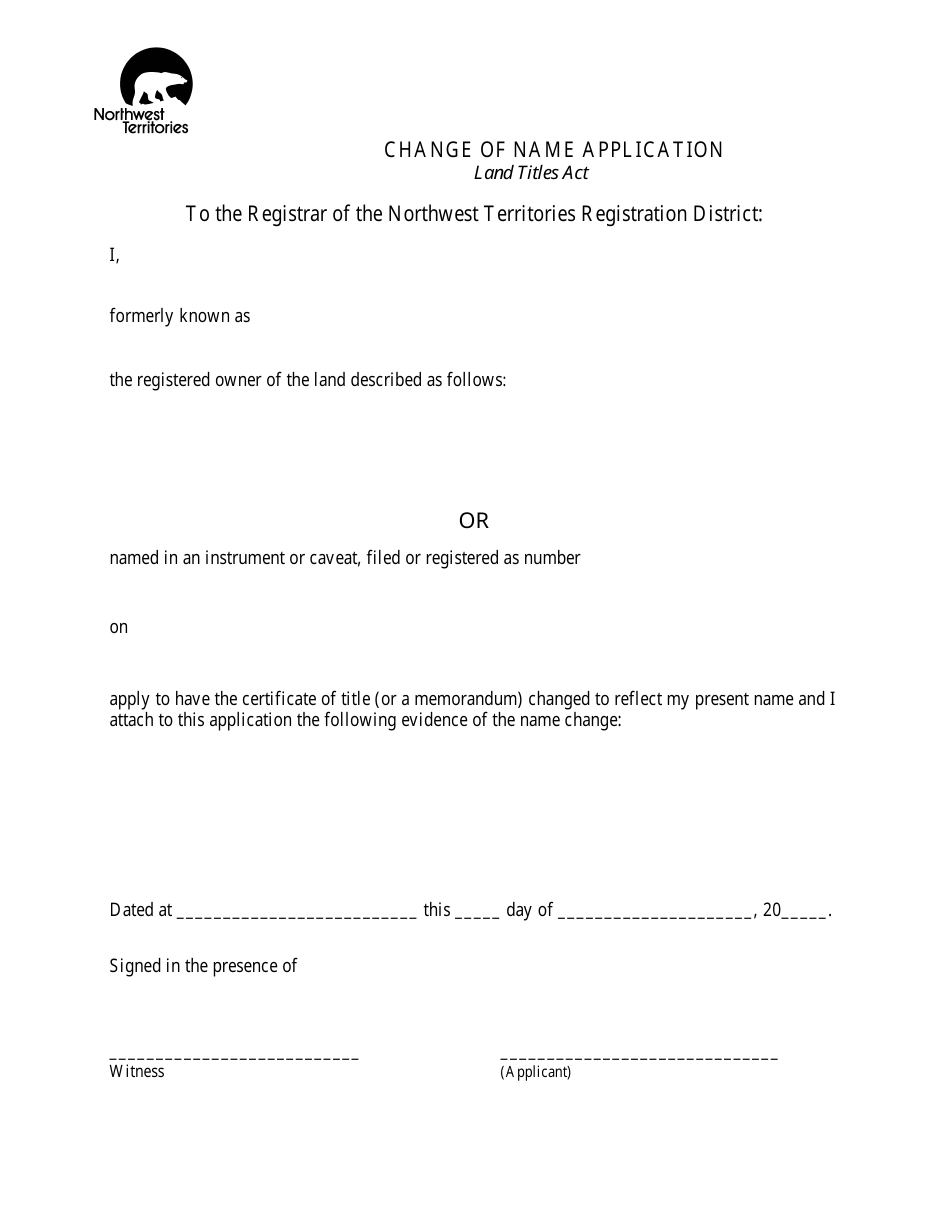Change of Name Application - Northwest Territories, Canada, Page 1