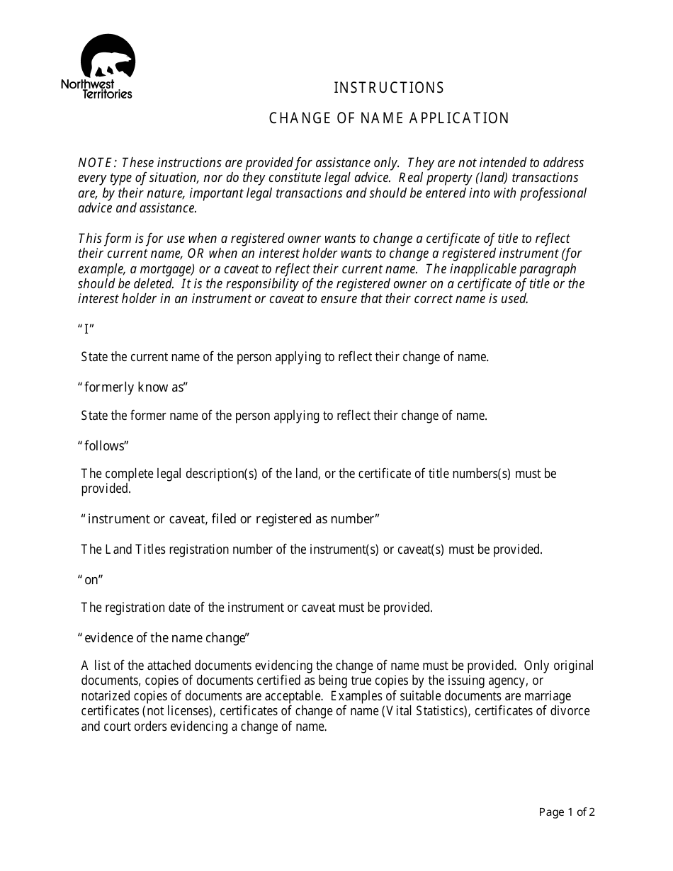 Instructions for Change of Name Application - Northwest Territories, Canada, Page 1