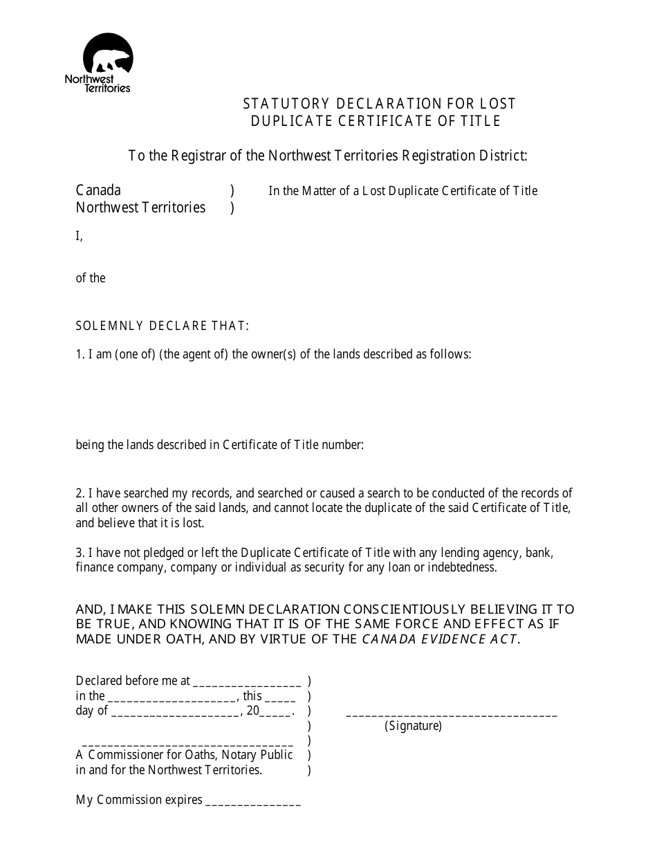 Statutory Declaration for Lost Duplicate Certificate of Title - Northwest Territories, Canada, Page 1