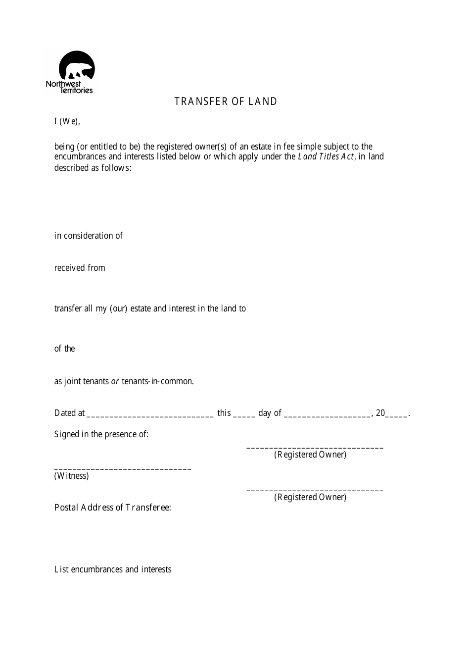 Northwest Territories Canada Transfer of Land Fill Out, Sign Online