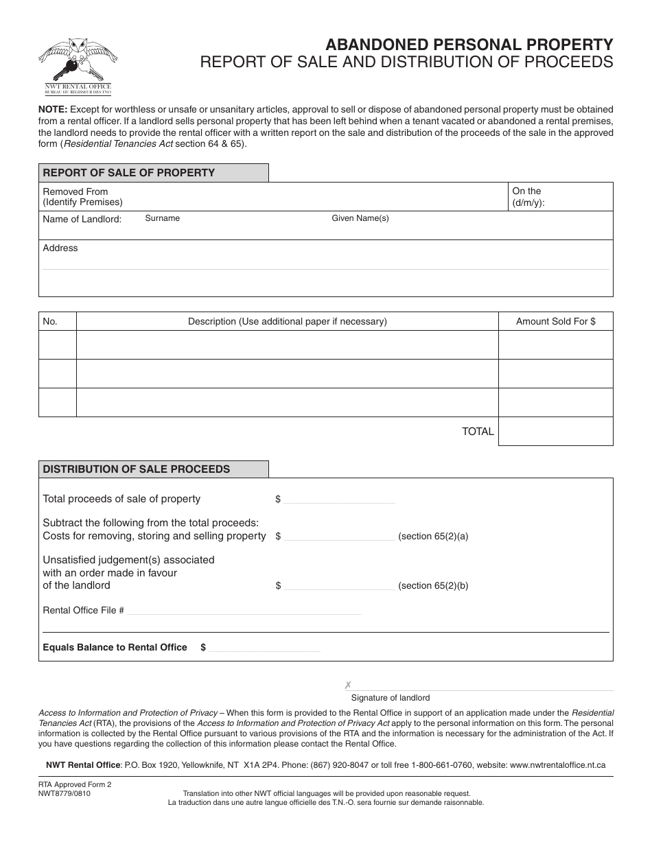 RTA Form 2 (NWT8779) Report of Sale of Abandoned Personal Property - Northwest Territories, Canada, Page 1