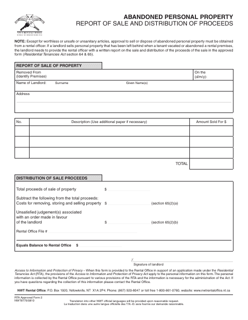 RTA Form 2 (NWT8779) Report of Sale of Abandoned Personal Property - Northwest Territories, Canada