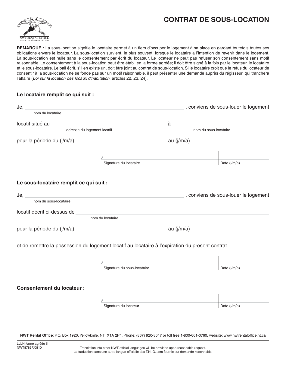 Forme 5 (NWT8782) Contrat De Sous-Location - Northwest Territories, Canada (French), Page 1