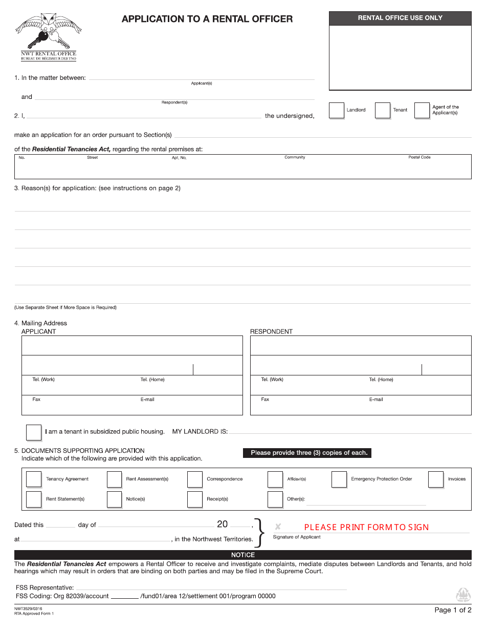 RTA Form 1 (NWT3529) Application to a Rental Officer - Northwest Territories, Canada, Page 1