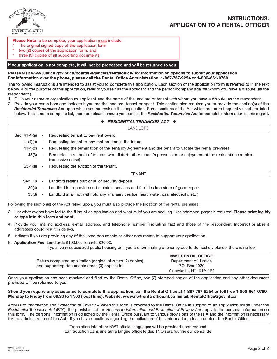 RTA Form 1 (NWT3529) Application to a Rental Officer - Northwest Territories, Canada, Page 2