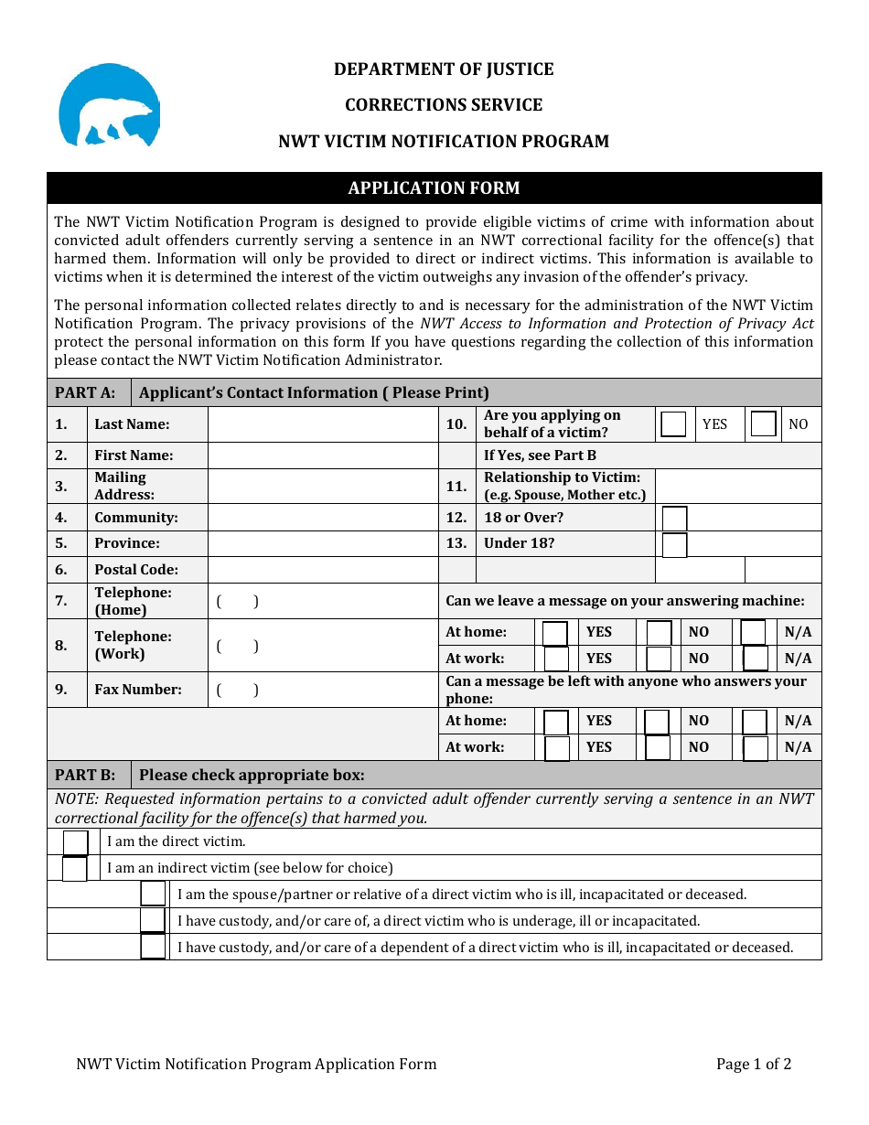 Nwt Victim Notification Program Application Form - Northwest Territories, Canada, Page 1