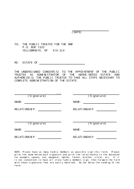 Consent to Administer Estate Form - Northwest Territories, Canada Download Pdf