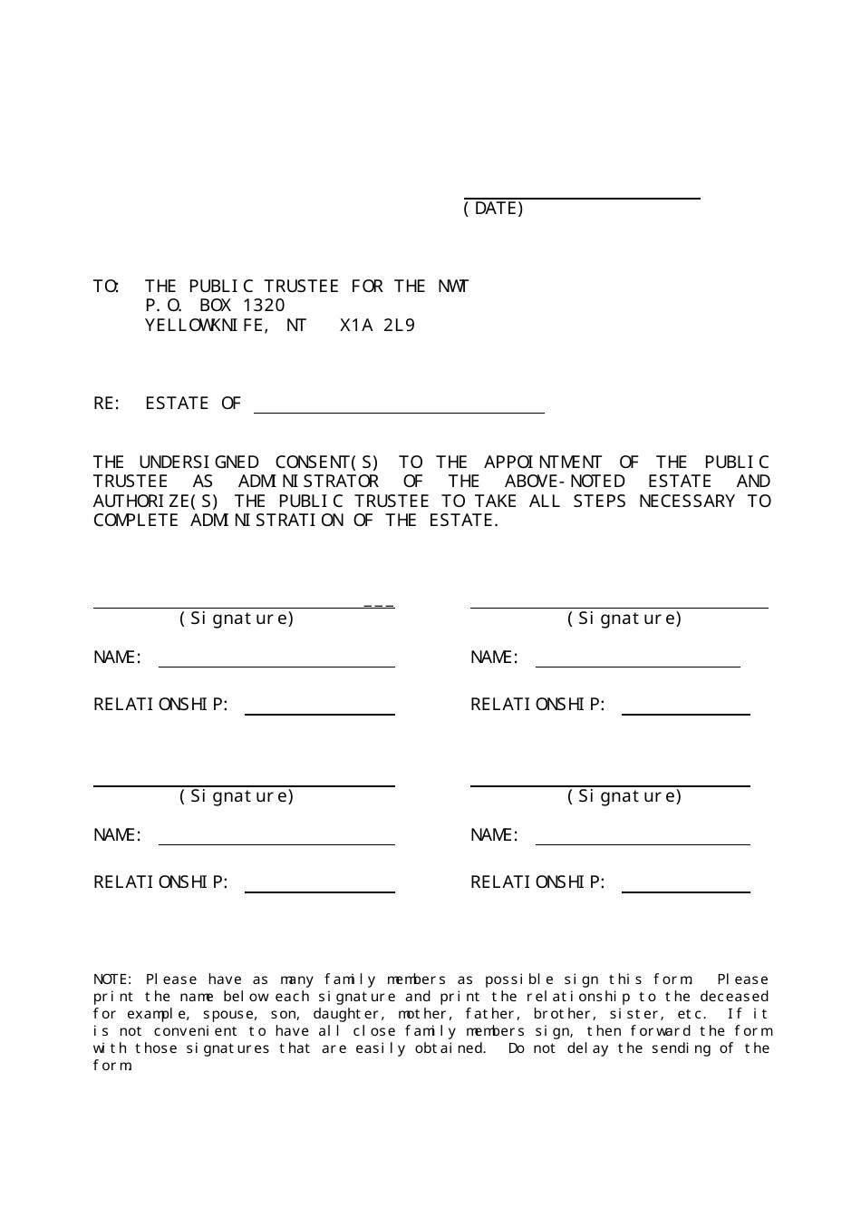Consent to Administer Estate Form - Northwest Territories, Canada, Page 1