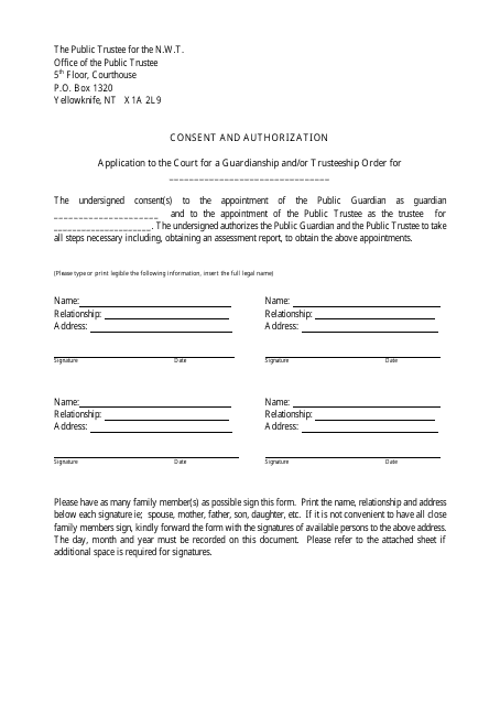 &quot;Consent and Authorization Application to the Court for a Guardianship and/or Trusteeship Order&quot; - Northwest Territories, Canada Download Pdf