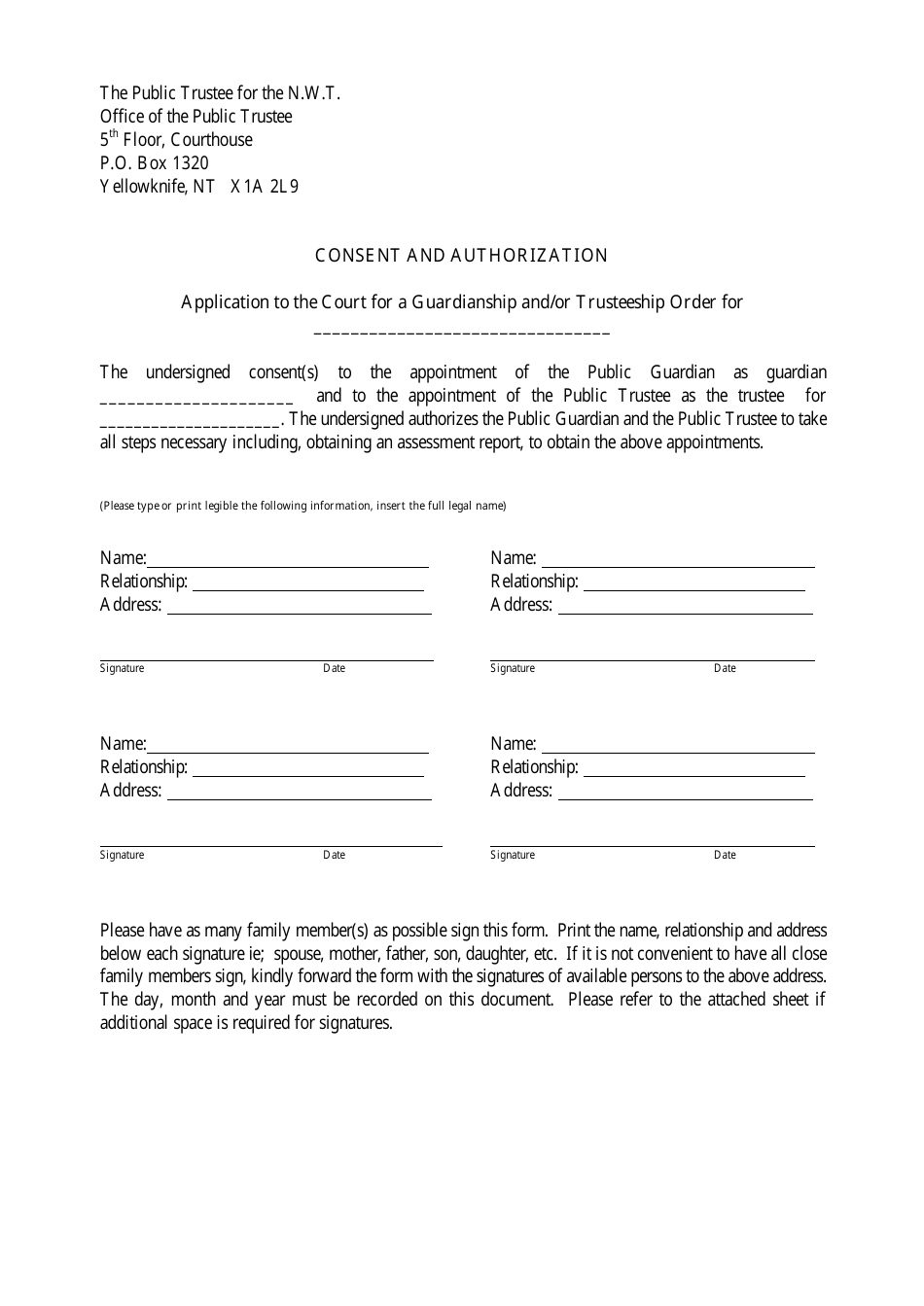 Consent and Authorization Application to the Court for a Guardianship and / or Trusteeship Order - Northwest Territories, Canada, Page 1