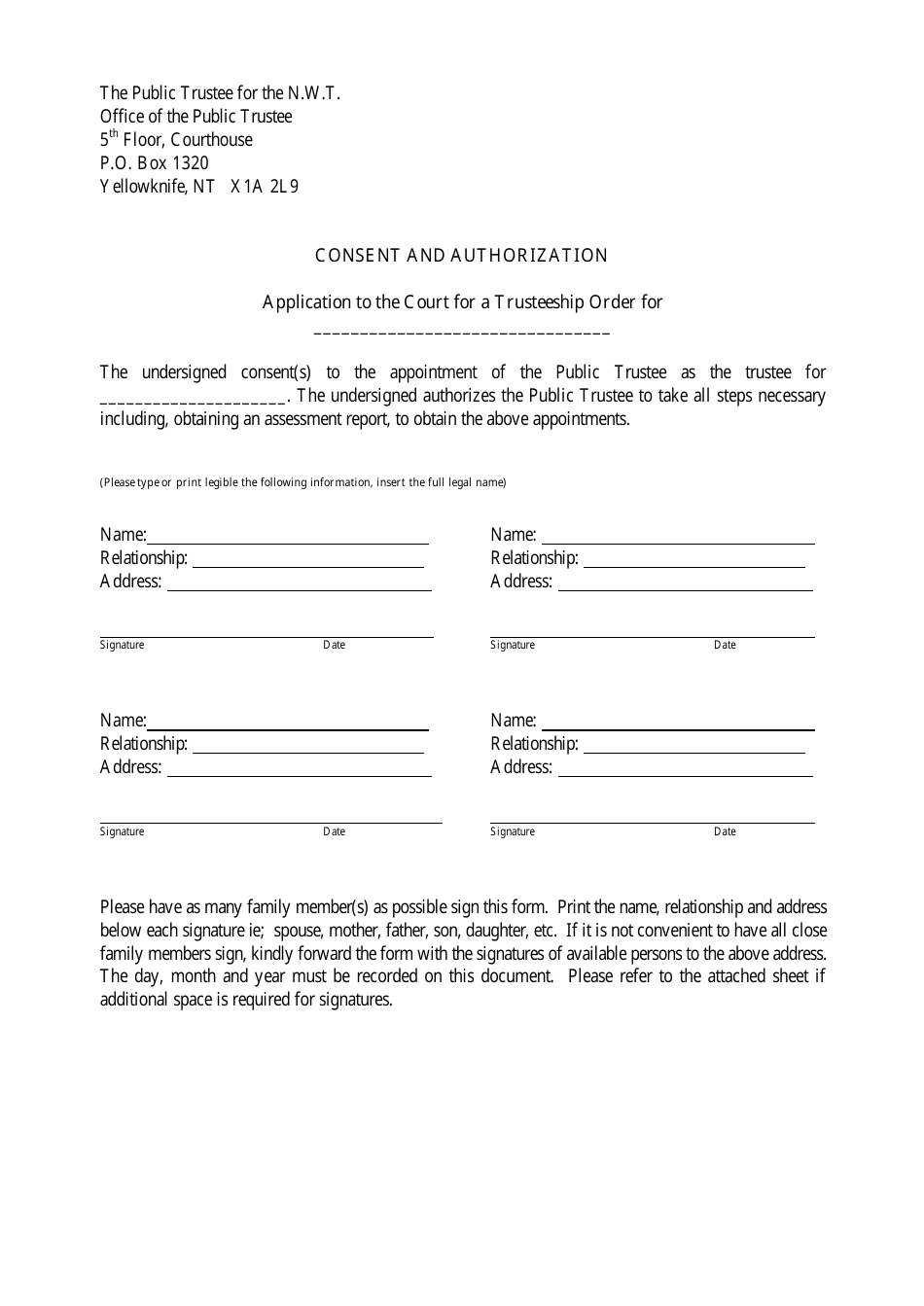 Consent and Authorization Application to the Court for a Trusteeship Order - Northwest Territories, Canada, Page 1