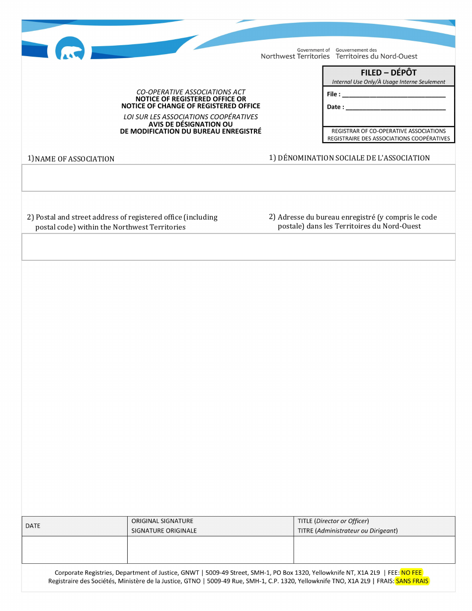 Co-operative Associations Act Notice of Registered Office or Notice of Change of Registered Office - Northwest Territories, Canada (English / French), Page 1