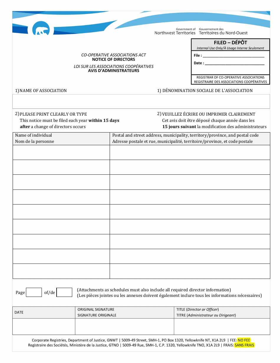 Co-operative Associations Act Notice of Directors - Northwest Territories, Canada (English / French), Page 1