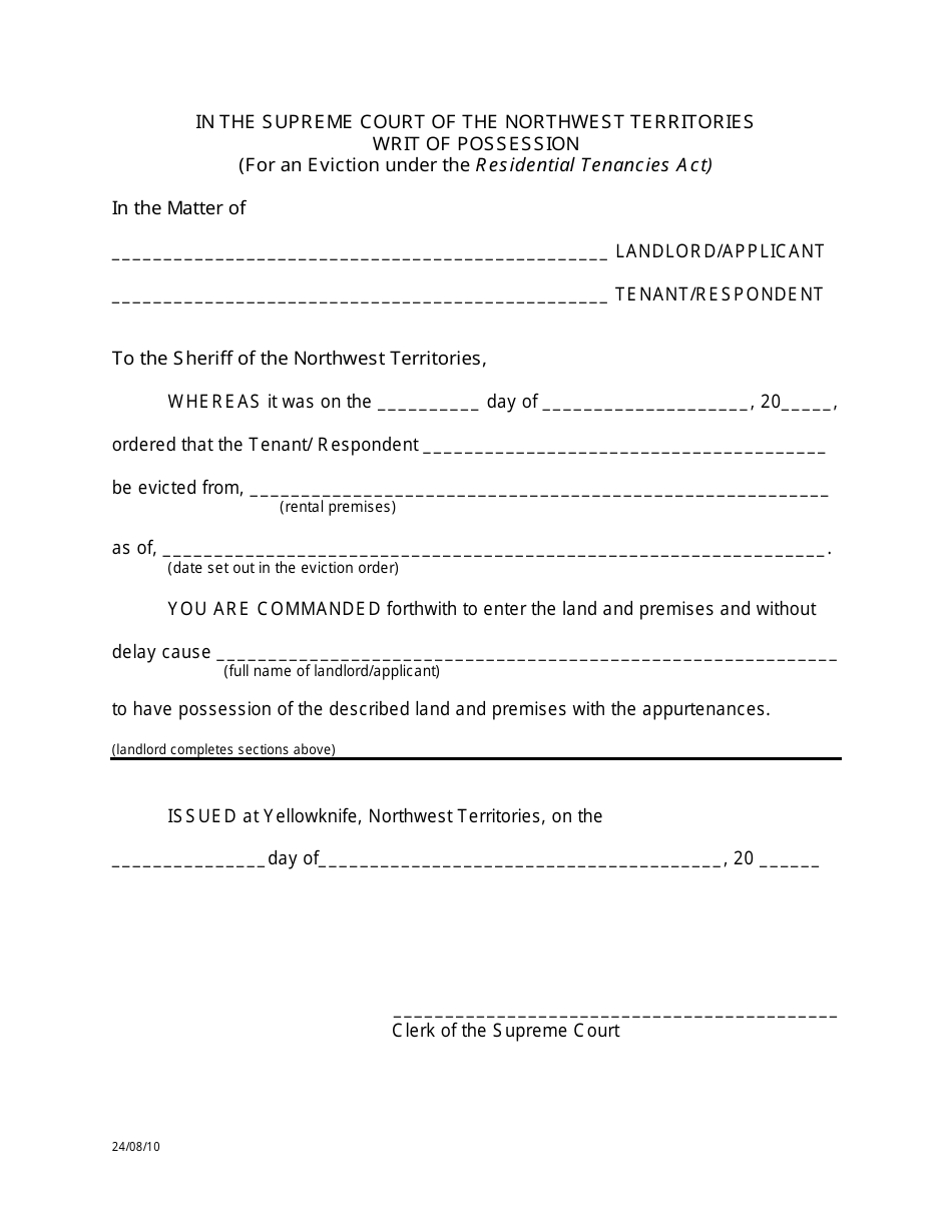Northwest Territories Canada Writ of Possession Fill Out, Sign Online