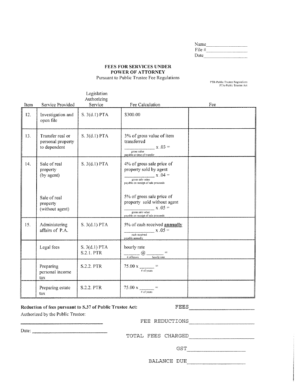 Fees for Services Under Power of Attorney - Northwest Territories, Canada, Page 1