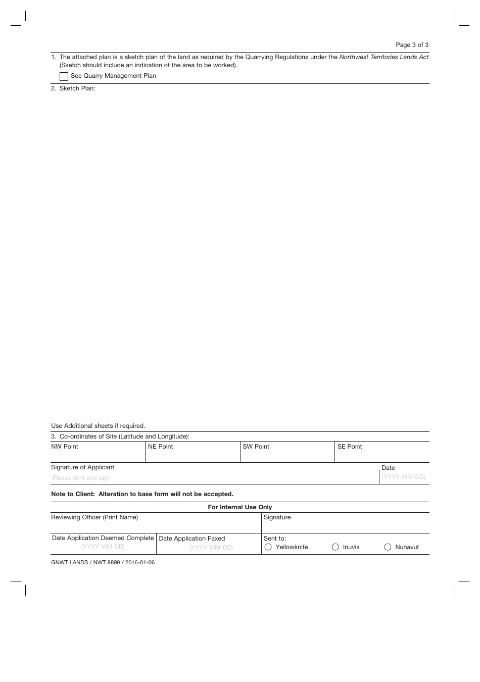 Form NWT8899 Quarrying Permit Application - Northwest Territories, Canada, Page 3