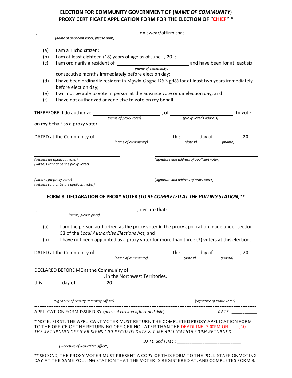 Proxy Certificate Application Form for the Election of Chief - Northwest Territories, Canada, Page 1