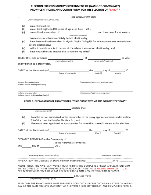 Proxy Certificate Application Form for the Election of Chief - Northwest Territories, Canada Download Pdf