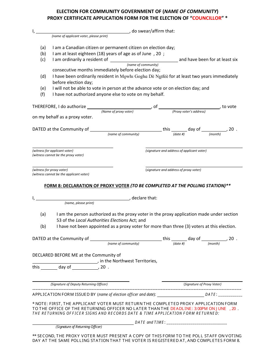 Proxy Certificate Application Form for the Election of Councillor - Northwest Territories, Canada, Page 1