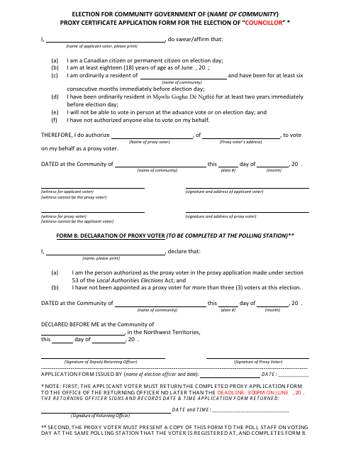 Proxy Certificate Application Form for the Election of Councillor - Northwest Territories, Canada Download Pdf