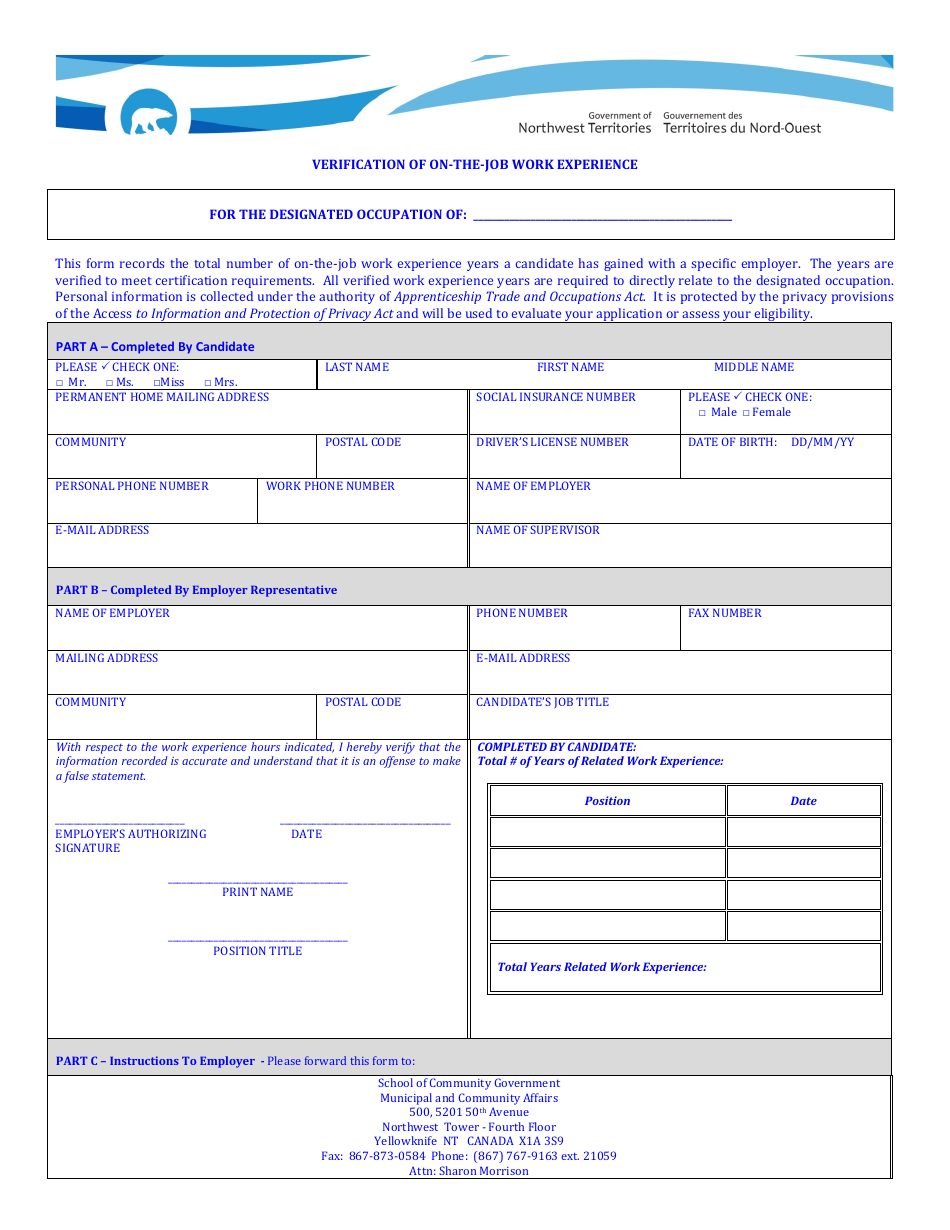 Verification of on-The-Job Work Experience - Northwest Territories, Canada, Page 1