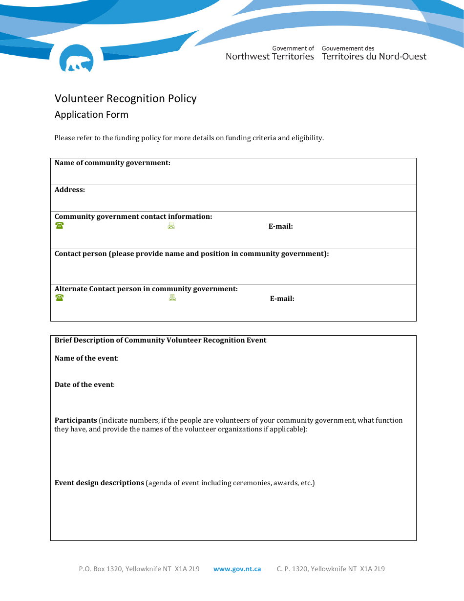 Volunteer Recognition Policy Application Form - Northwest Territories, Canada, Page 1