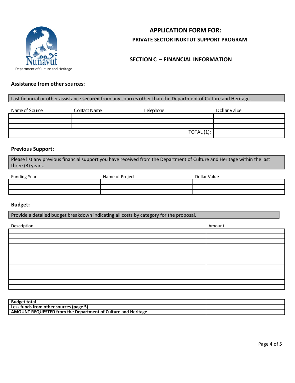 Application Form for Private Sector Inuktut Support Program - Nunavut, Canada, Page 4