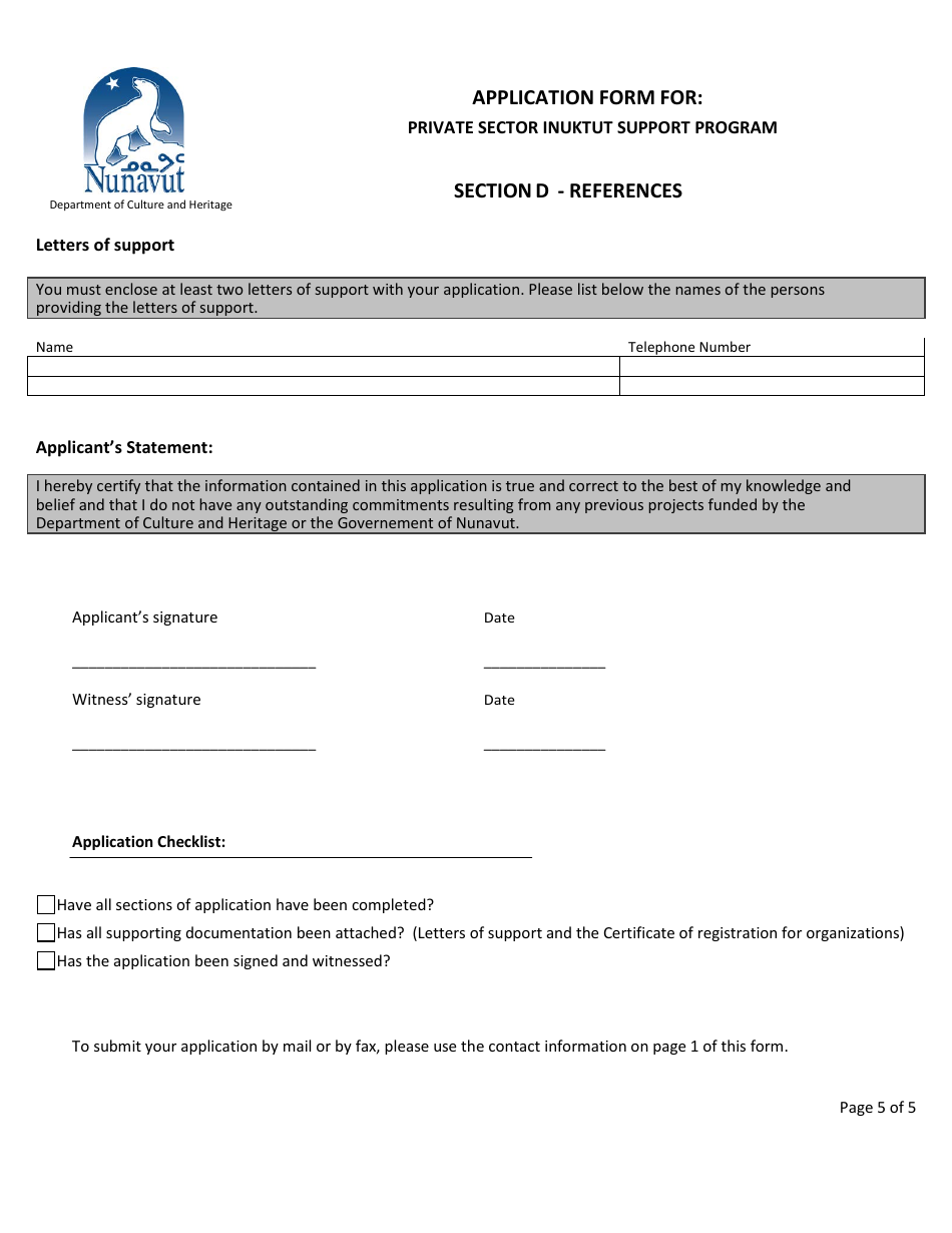 Application Form for Private Sector Inuktut Support Program - Nunavut, Canada, Page 5