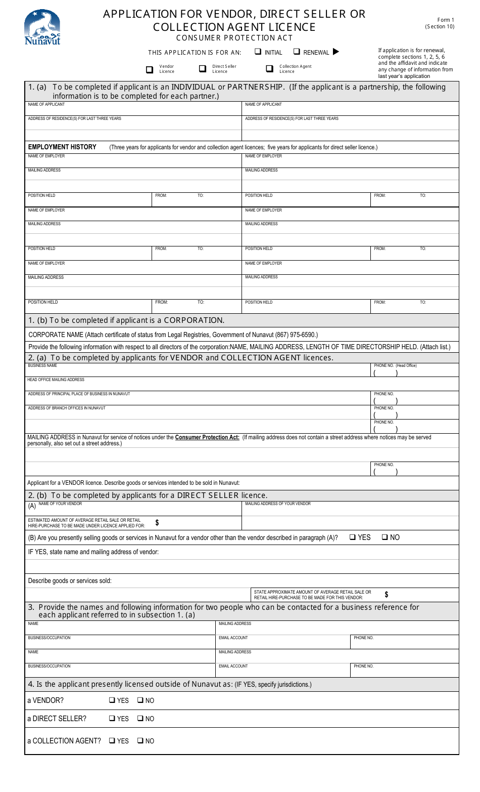 Form 1 Application for Vendor, Direct Sellers or Collection Agents Licence - Nunavut, Canada, Page 1