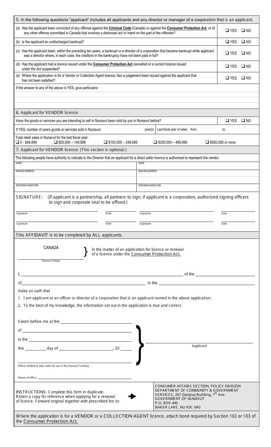 Form 1 Application for Vendor, Direct Sellers or Collection Agents Licence - Nunavut, Canada, Page 2