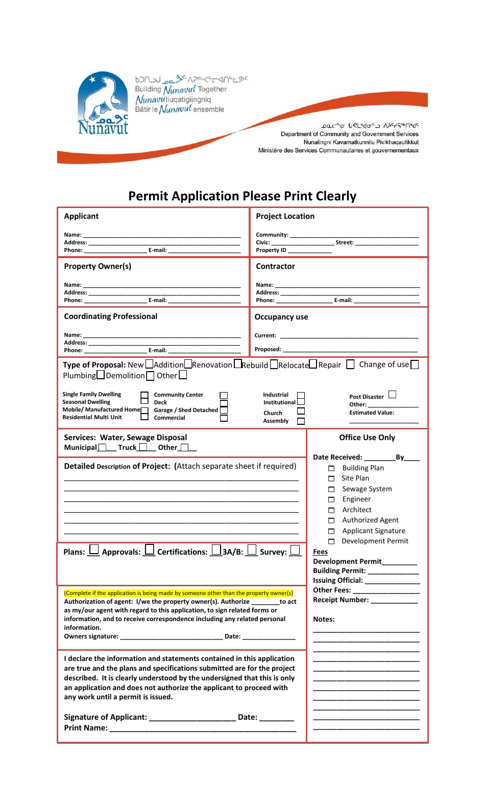 Building Permit Application - Nunavut, Canada, Page 1