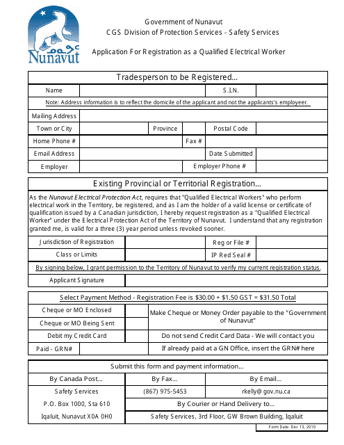 Application for Registration as a Qualified Electrical Worker - Nunavut, Canada