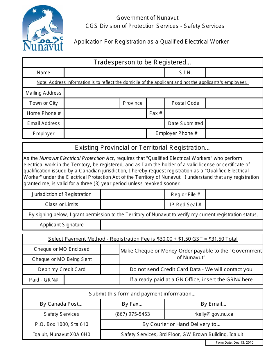 Application for Registration as a Qualified Electrical Worker - Nunavut, Canada, Page 1