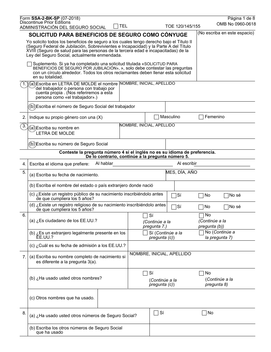 Formulario SSA-2-BK-SP Solicitud Para Beneficios De Seguro Como Conyuge (Spanish), Page 1