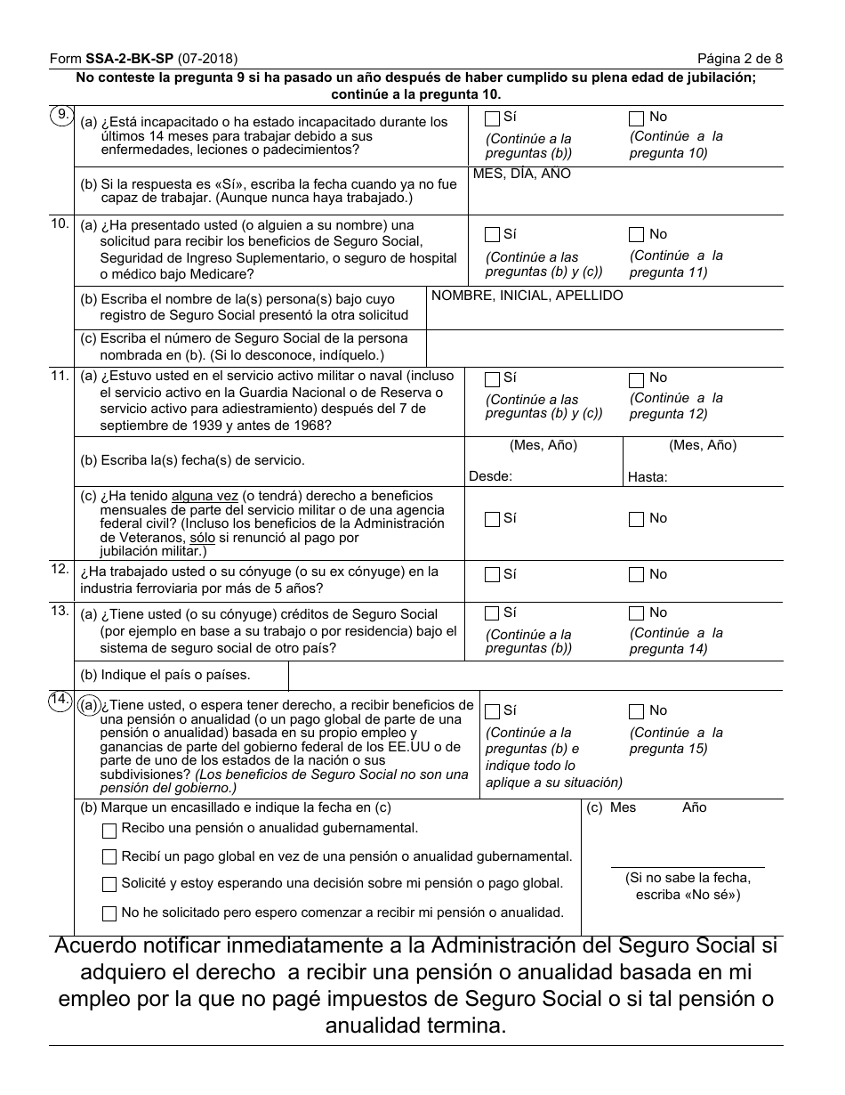 Formulario SSA-2-BK-SP Solicitud Para Beneficios De Seguro Como Conyuge (Spanish), Page 2
