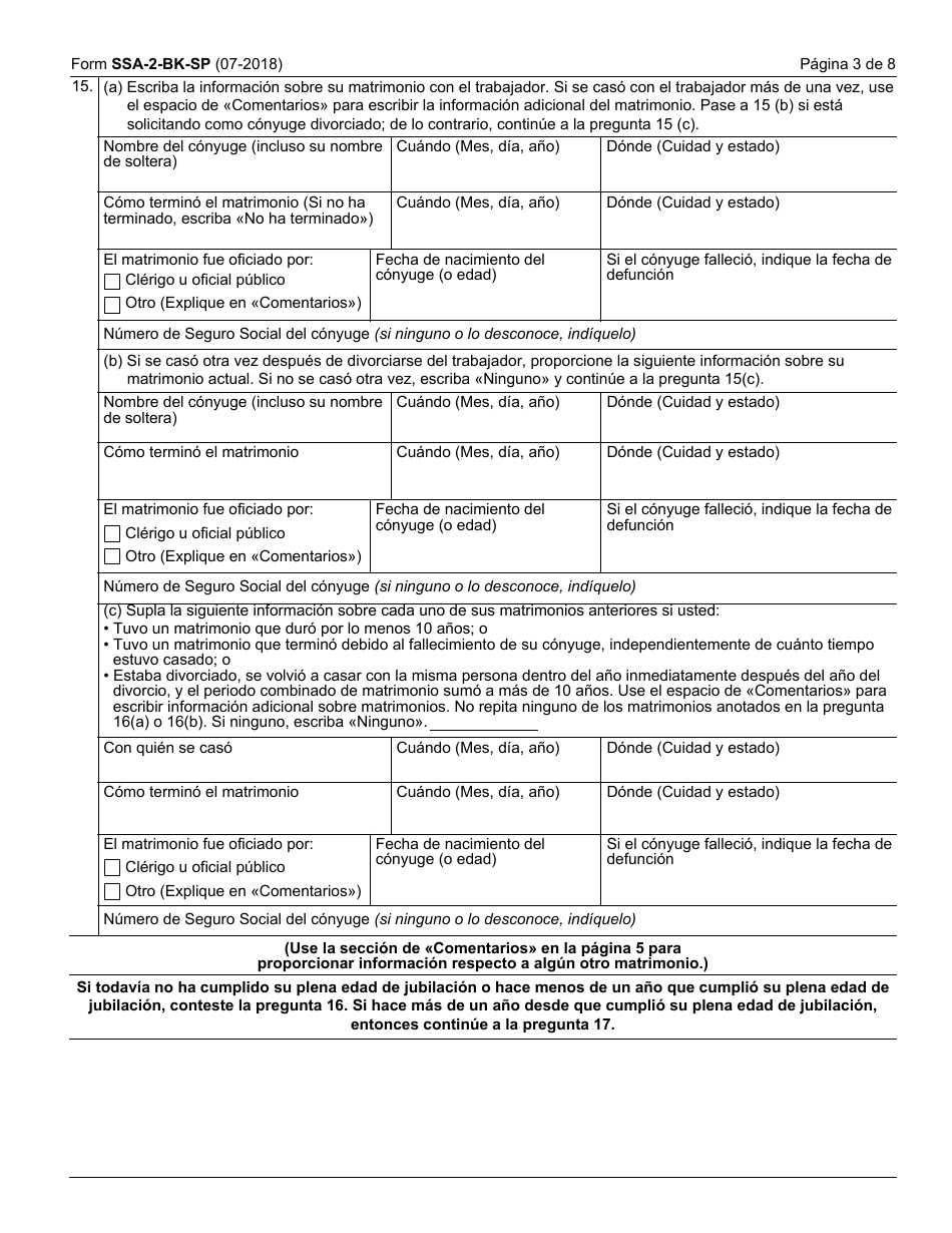 Formulario SSA-2-BK-SP Solicitud Para Beneficios De Seguro Como Conyuge (Spanish), Page 3