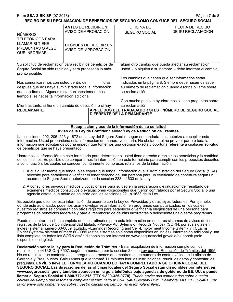 Formulario SSA-2-BK-SP Solicitud Para Beneficios De Seguro Como Conyuge (Spanish), Page 7
