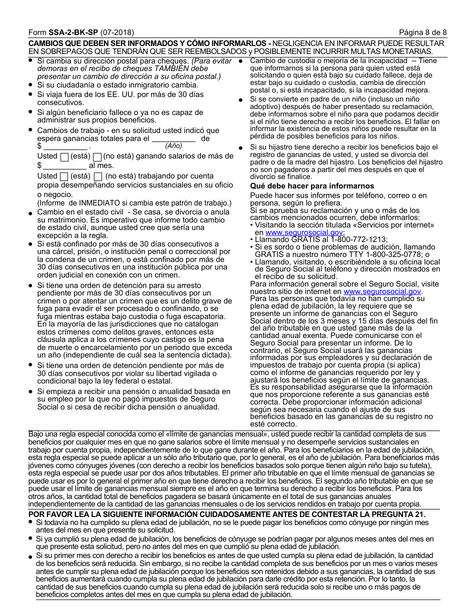 Formulario SSA-2-BK-SP Solicitud Para Beneficios De Seguro Como Conyuge (Spanish), Page 8