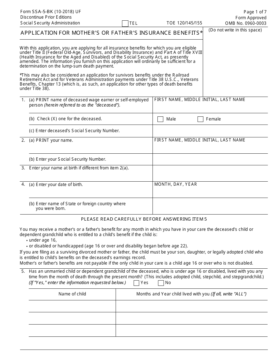 Form SSA-5-BK Application for Mothers or Fathers Insurance Benefits, Page 1