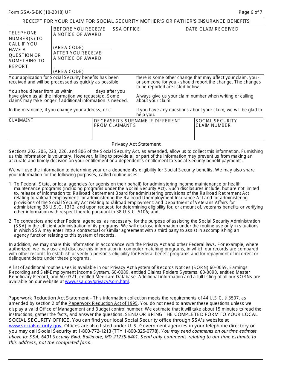 Form SSA-5-BK Application for Mothers or Fathers Insurance Benefits, Page 6