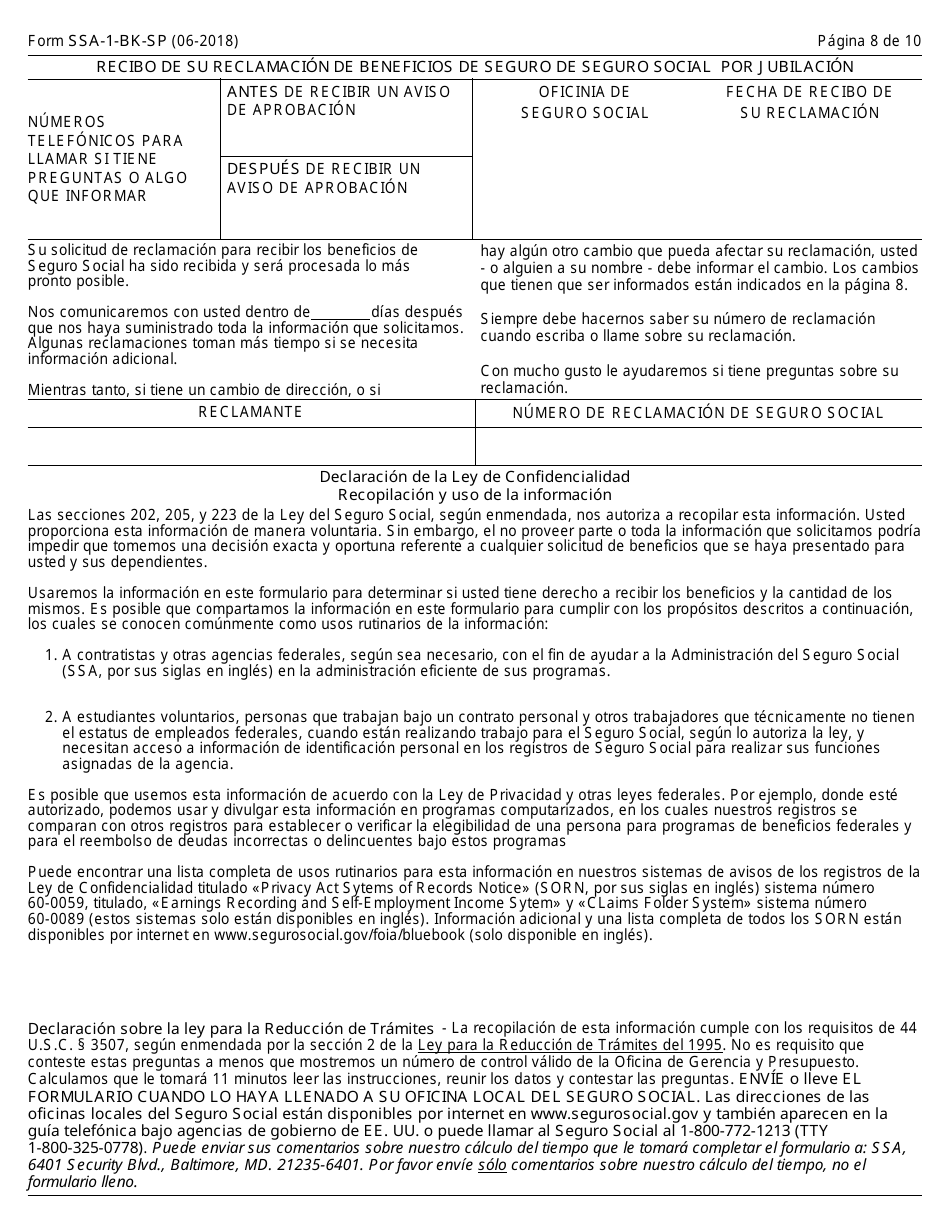 Formulario SSA-1-BK-SP Solicitud Para Beneficios De Seguro Por Jubliacion (Spanish), Page 8