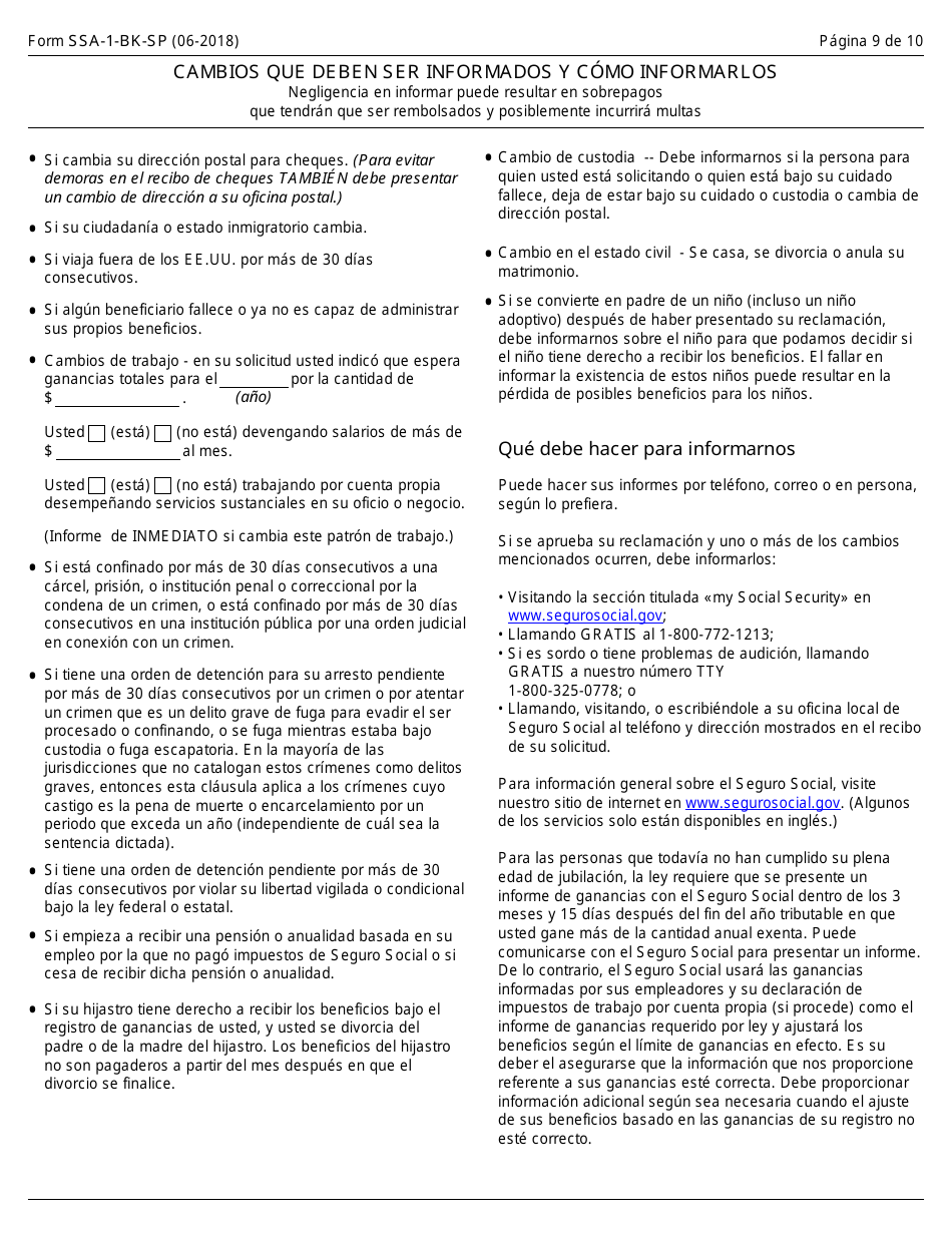 Formulario SSA-1-BK-SP Solicitud Para Beneficios De Seguro Por Jubliacion (Spanish), Page 9