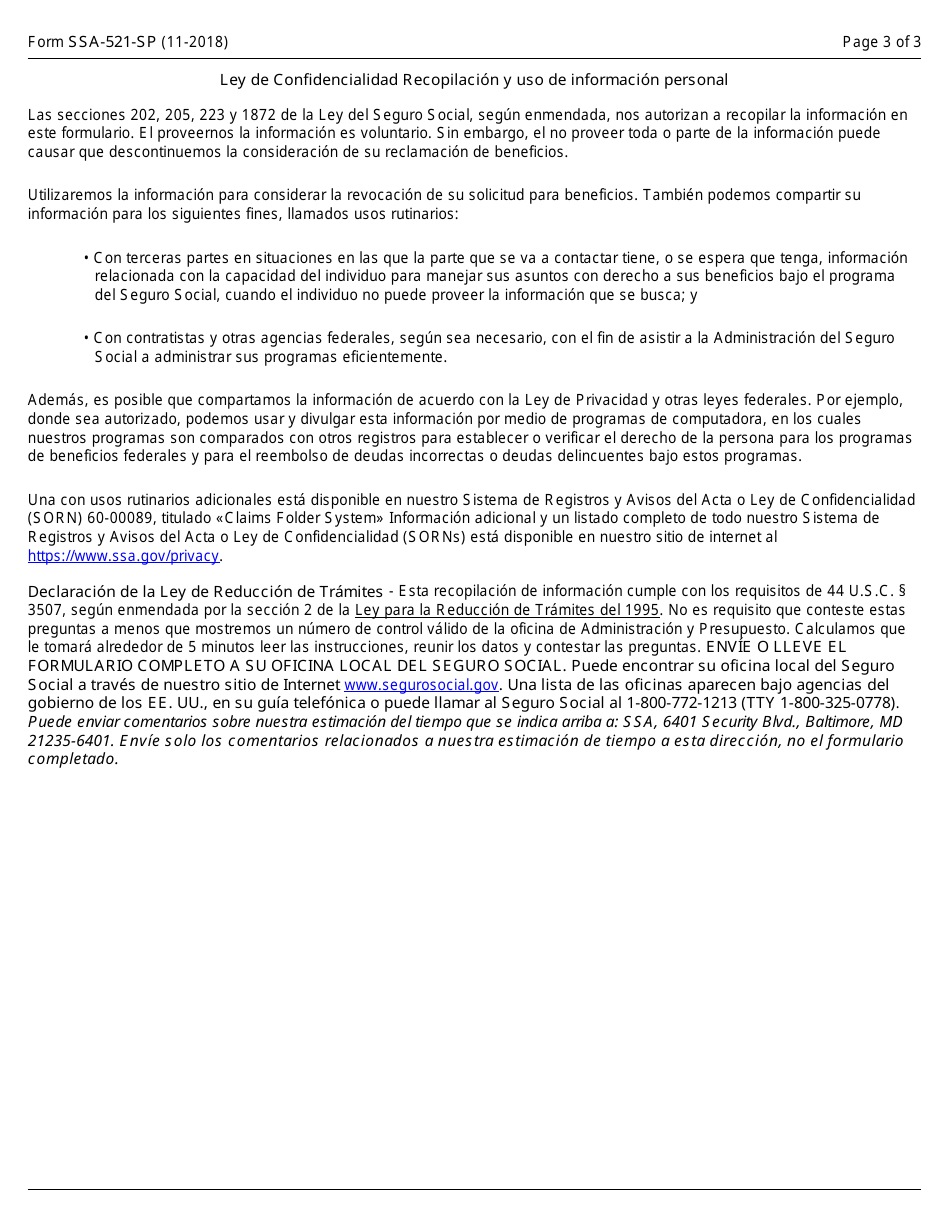 Formulario SSA-521-SP Solicitud Para Revocar Una Reclamacion (Spanish), Page 3