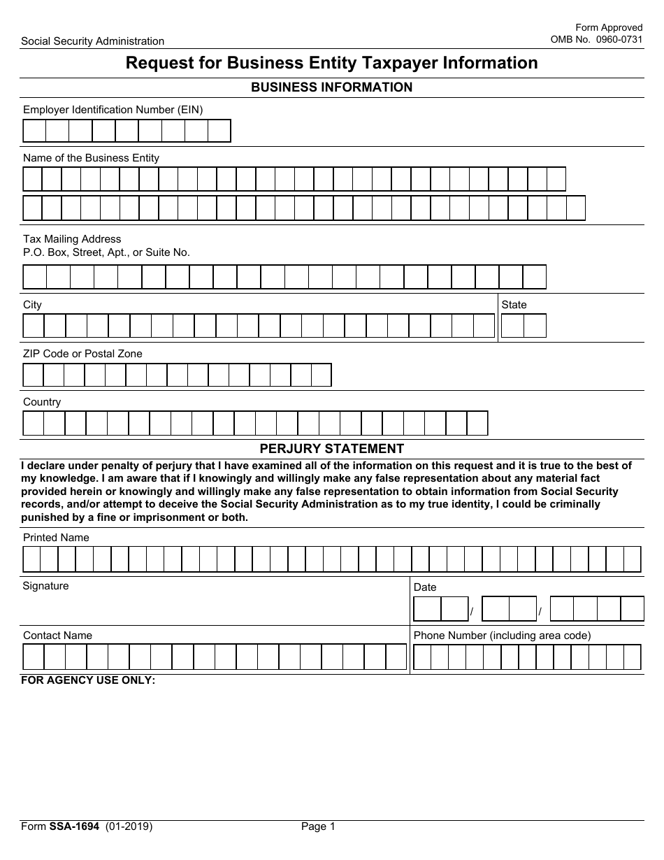 Form SSA-1694 Request for Business Entity Taxpayer Information, Page 1