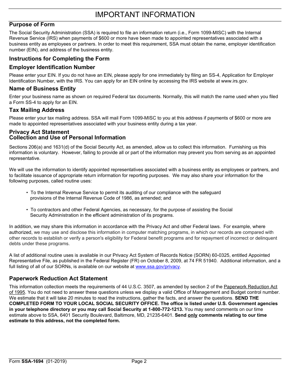 Form SSA-1694 Request for Business Entity Taxpayer Information, Page 2