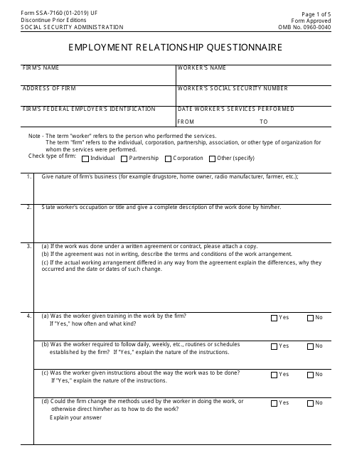 Form SSA-7160 Employment Relationship Questionnaire