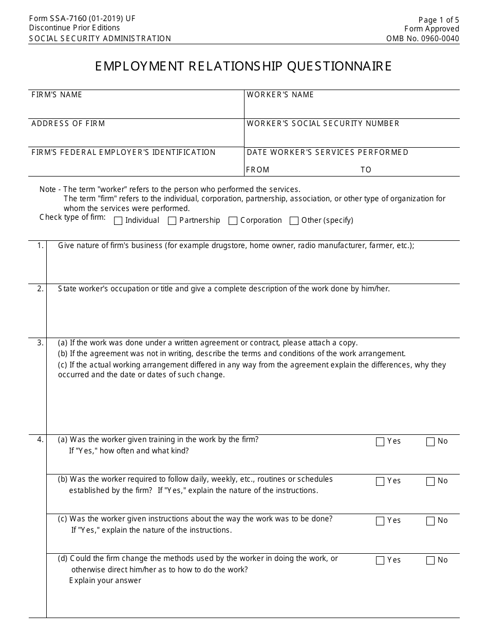 Form SSA-7160 Employment Relationship Questionnaire, Page 1