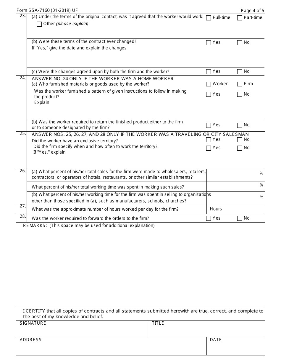 Form SSA-7160 Employment Relationship Questionnaire, Page 4