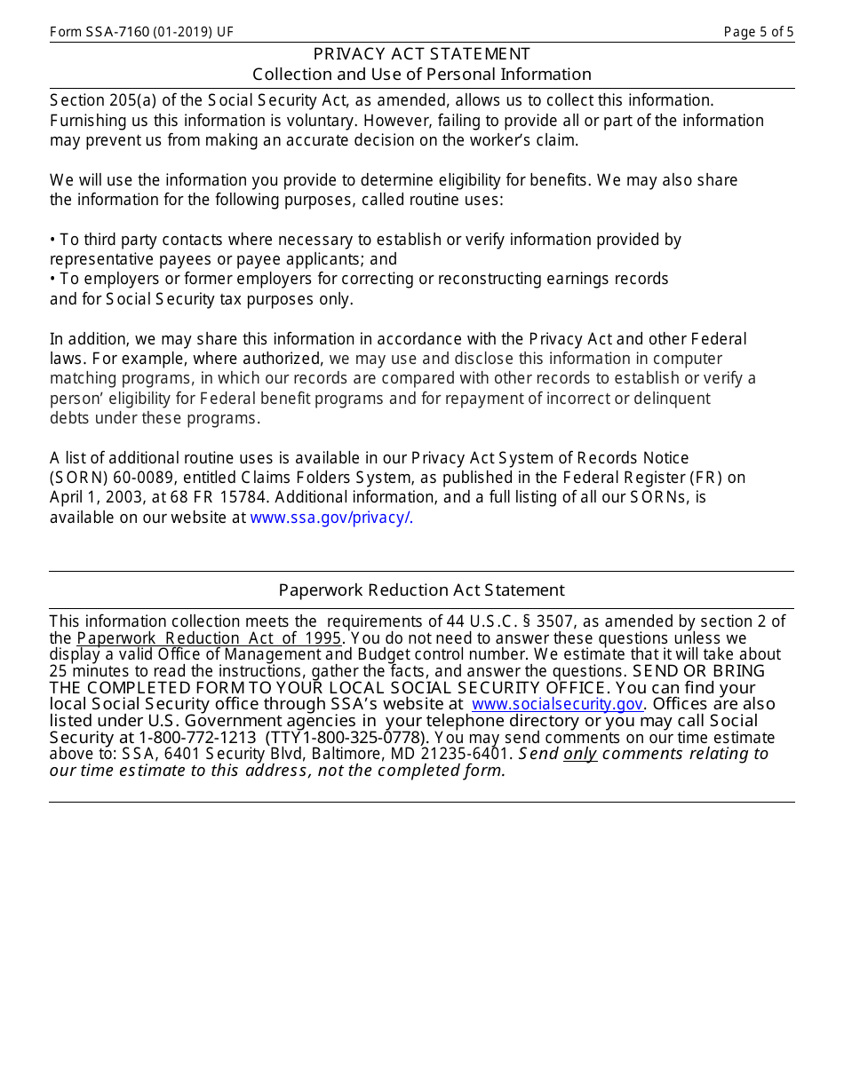 Form SSA-7160 Employment Relationship Questionnaire, Page 5