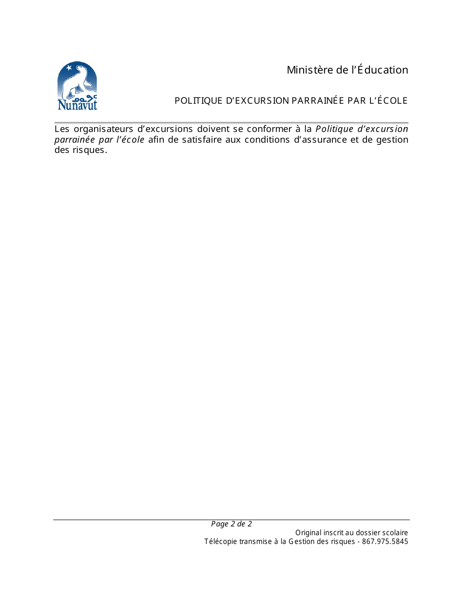 Forme A Excursion Deleves Parrainee Et Autorisee - Nunavut, Canada (French), Page 2